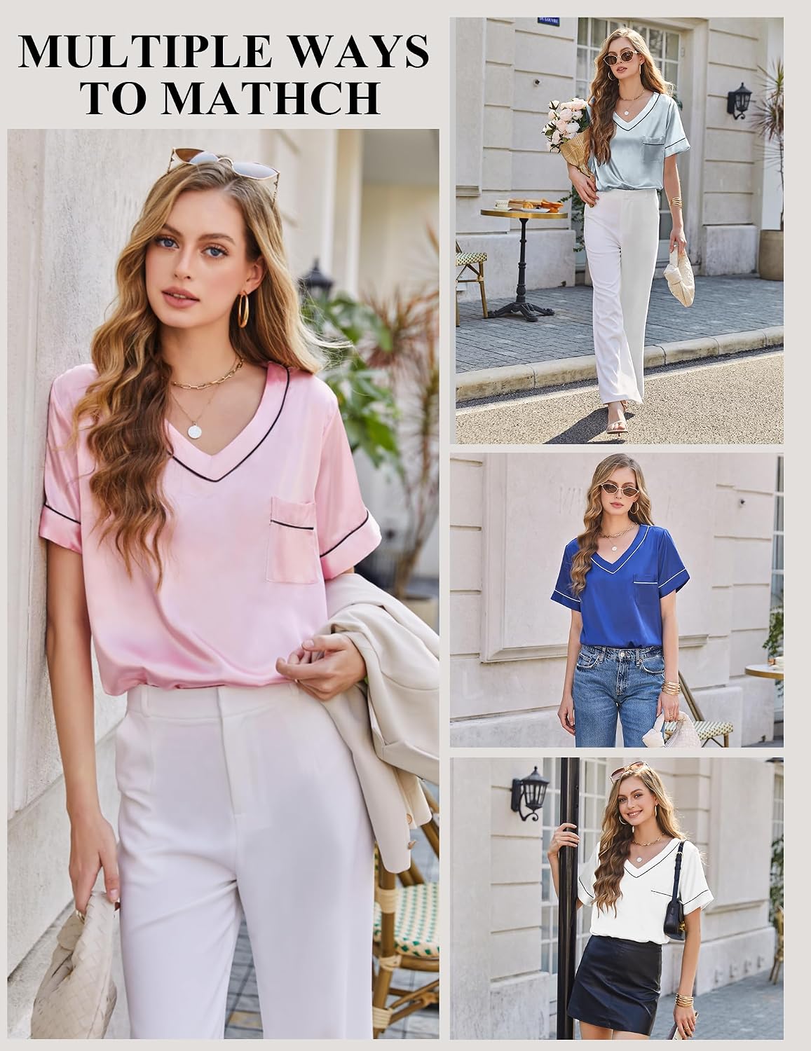 Silk Pajamas for Women Short Sleeve Satin 2 Piece Pj Set Soft V Neck Sleepwear Loungewear, S-XXL