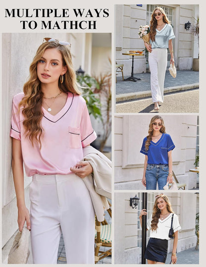 Silk Pajamas for Women Short Sleeve Satin 2 Piece Pj Set Soft V Neck Sleepwear Loungewear, S-XXL