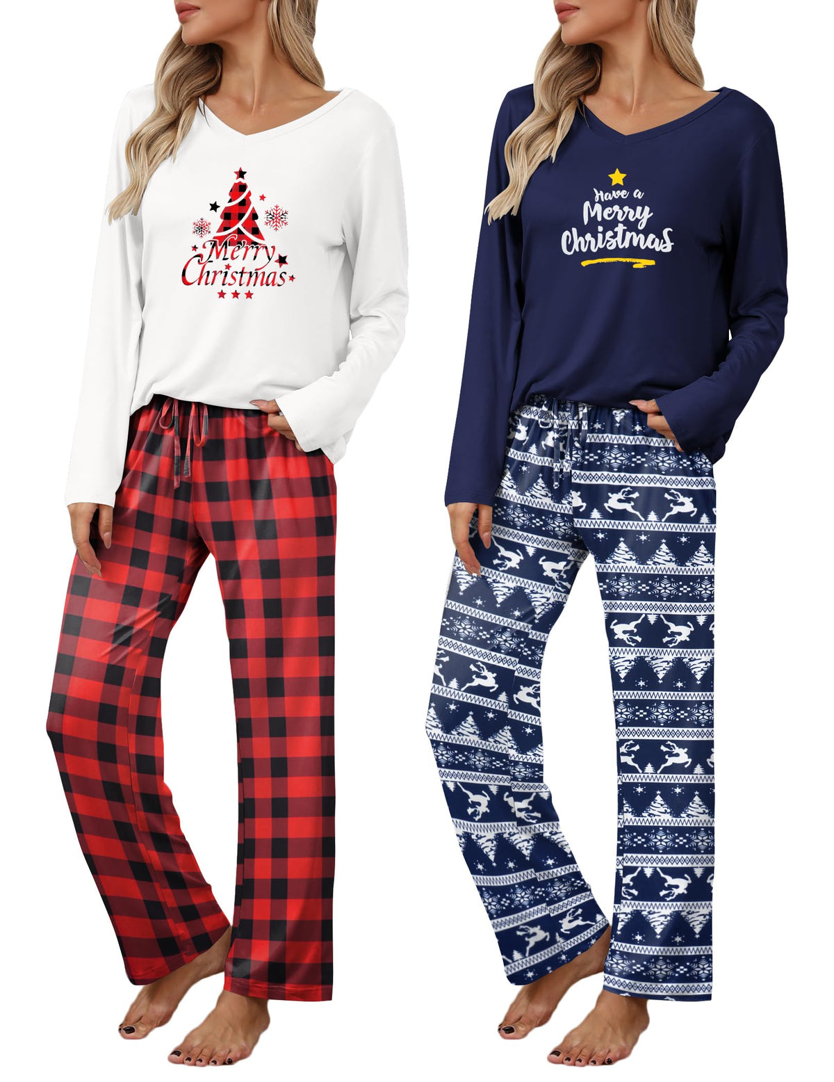 Ekouaer Women's 2 Pack Long Sleeve Pajama Sets V Neck Lounge Sets