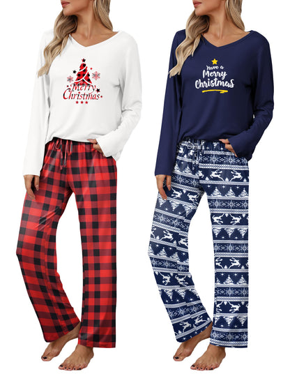 Ekouaer Women's 2 Pack Long Sleeve Pajama Sets V Neck Lounge Sets