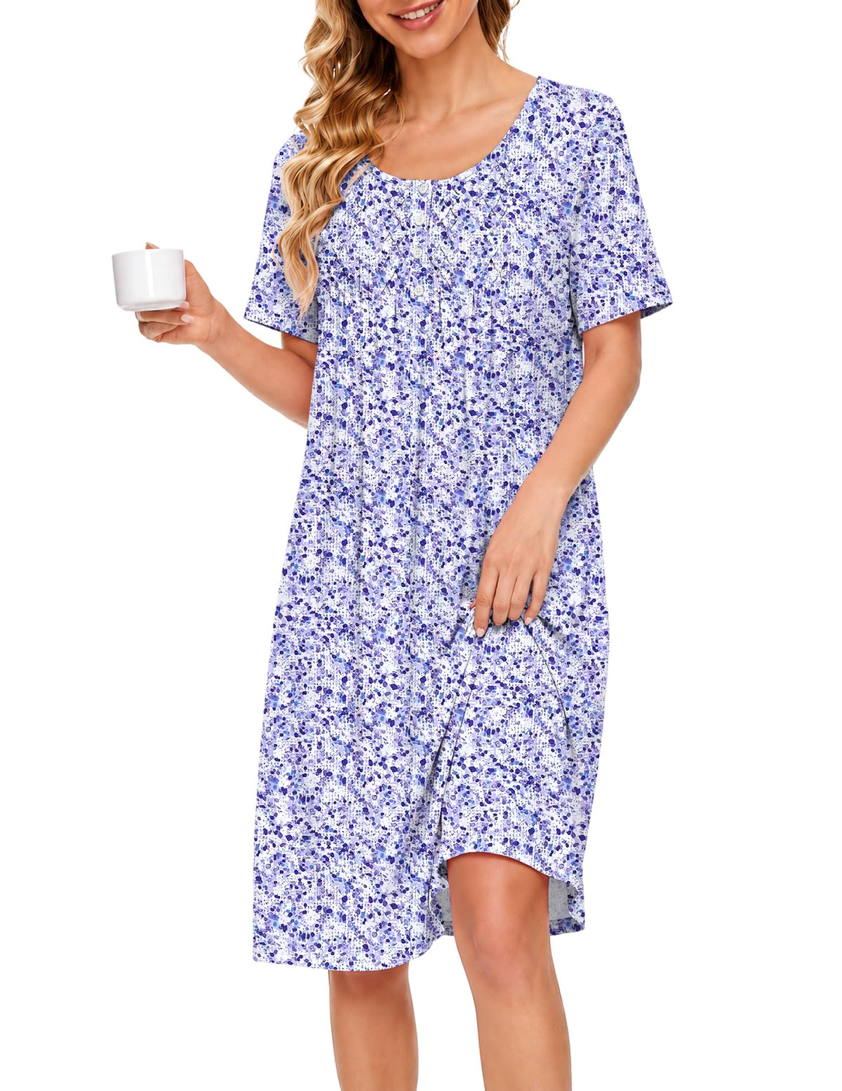 Ekouaer Cotton Nightgowns for Women Short Sleeve House Dress Pleated Moomoo