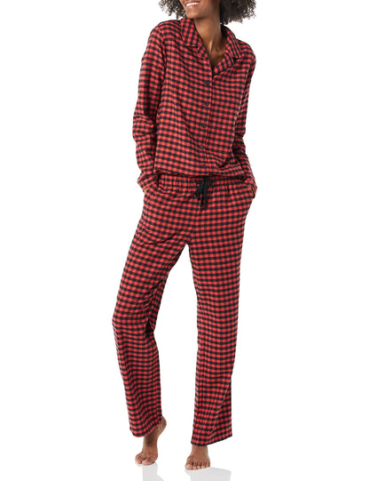 Amazon Essentials Women's Flannel Long-Sleeve Button Front Shirt and Pant Pajama Set