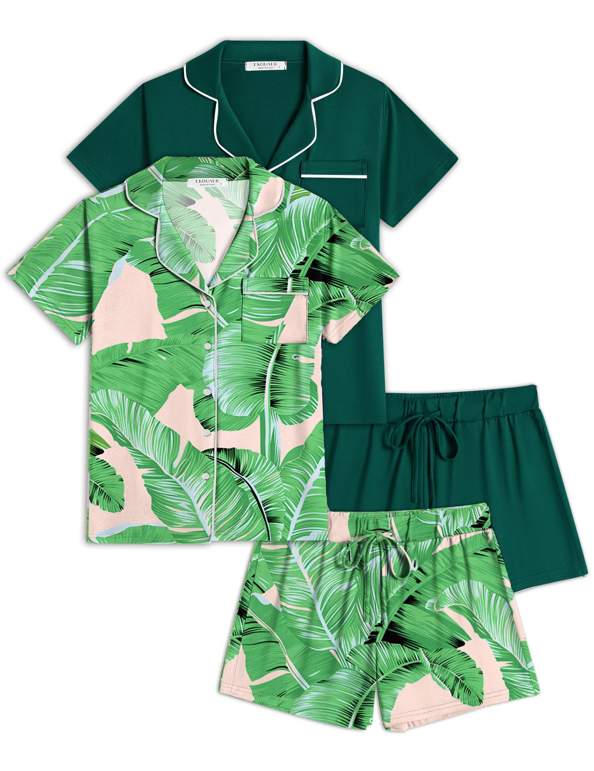 Ekouaer Womens Pajamas Set 2 Pack Button Down Summer Short Sleeve Pjs S-XXL
