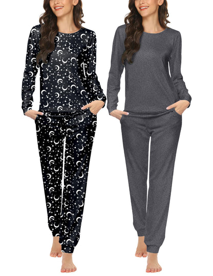 Ekouaer 2 Pack Pajama Sets for Women,Long Sleeve Top Jogger Pant Loungewear
