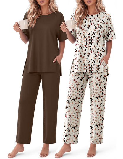 Ekouaer Women's Lounge Sets Short Sleeve Top Long Pants 2 Piece Outfit Set