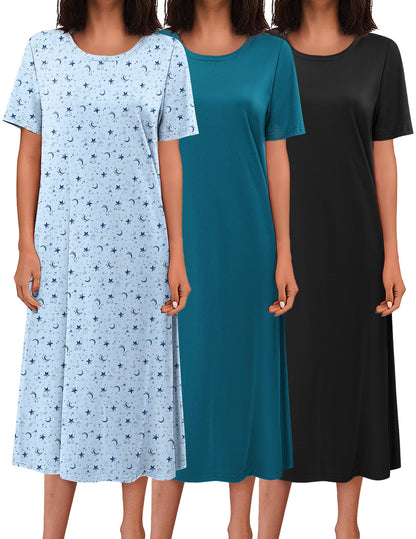 Ekouaer 3 Pack Long Nightgowns for Women House Dress Plus Size Nightshirt