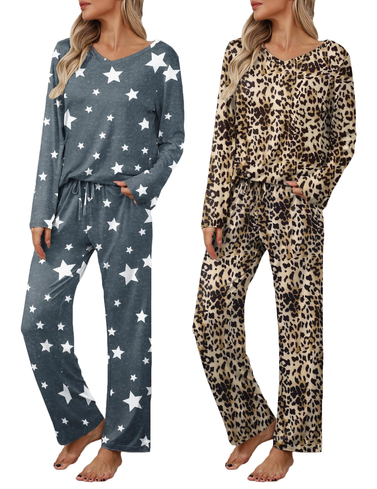 Ekouaer Women's 2 Pack Long Sleeve Pajama Sets V Neck Lounge Sets