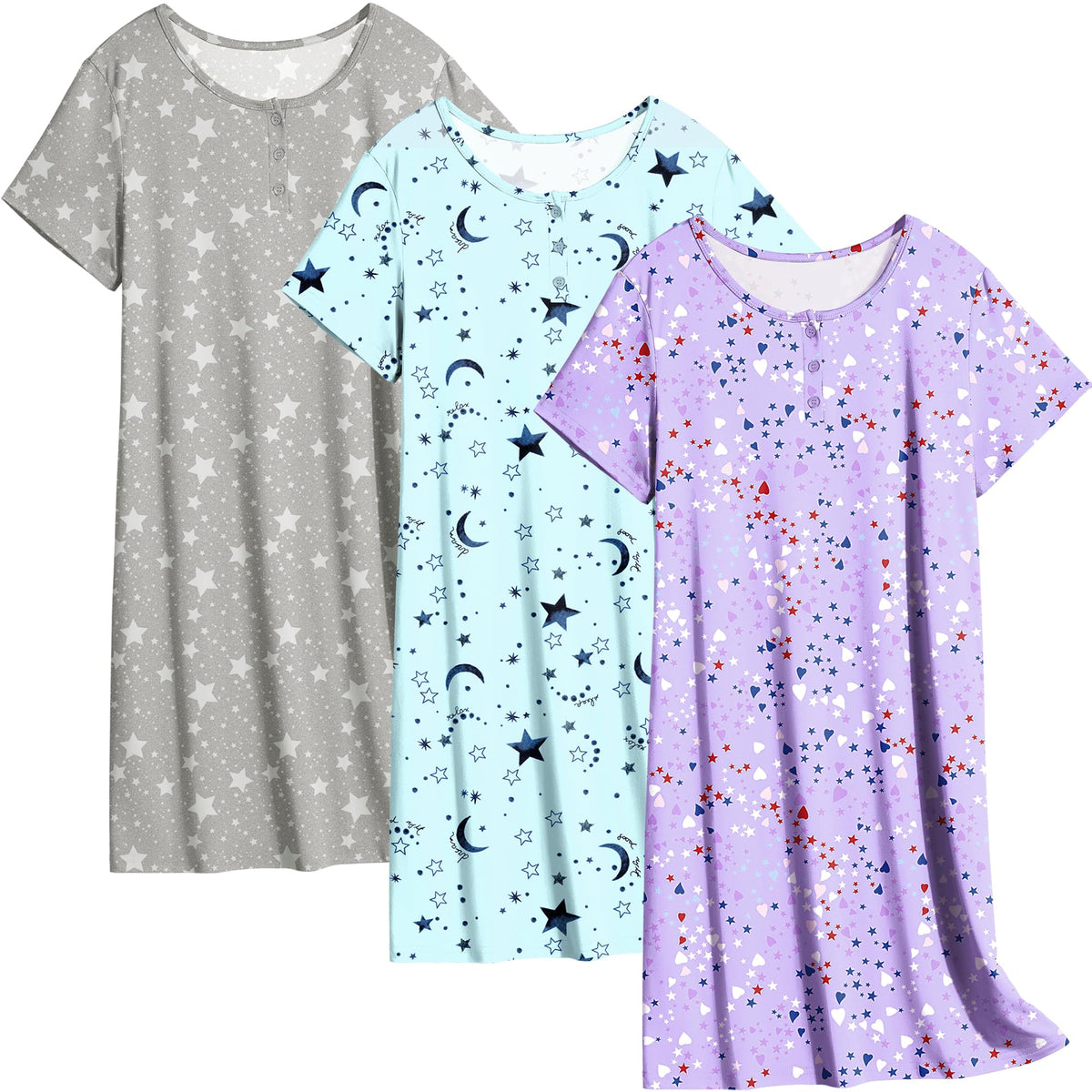 Ekouaer 3 Pack Women's Sleepshirts Soft Sleepwear Short Sleeve T-Shirt Nightgowns Casual Sleepdress Nightshirts