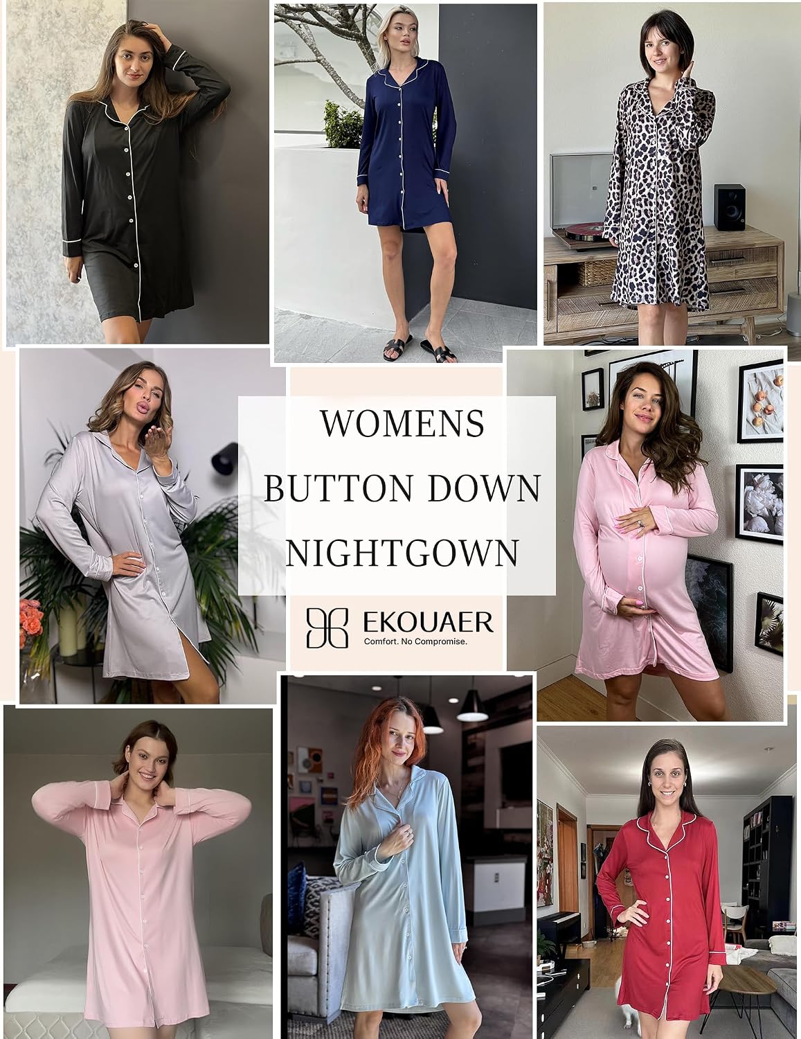 Ekouaer Womens Nightgown Long Sleeve Nightshirt Soft Button Down Sleepshirt