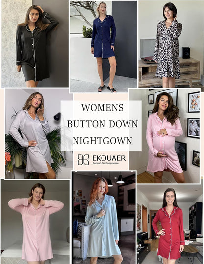 Ekouaer Womens Nightgown Long Sleeve Nightshirt Soft Button Down Sleepshirt