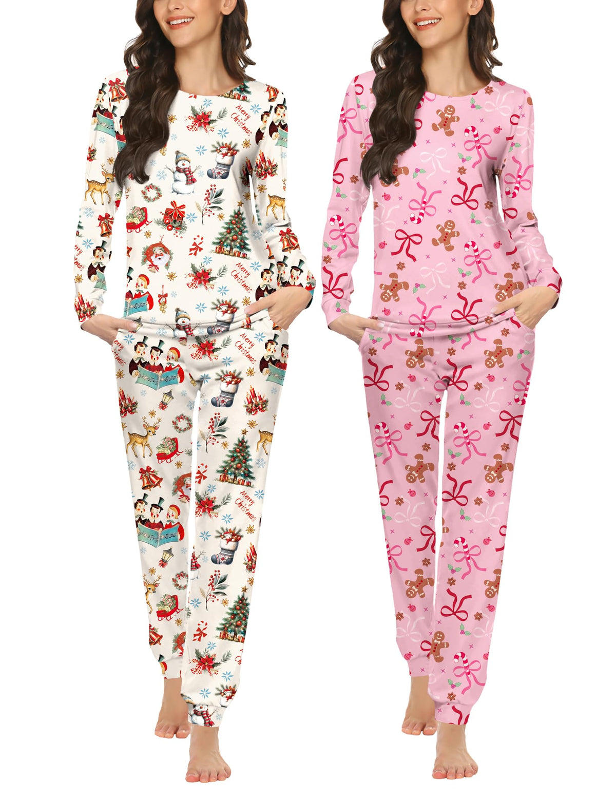 Ekouaer 2 Pack Pajama Sets for Women,Long Sleeve Top Jogger Pant Loungewear