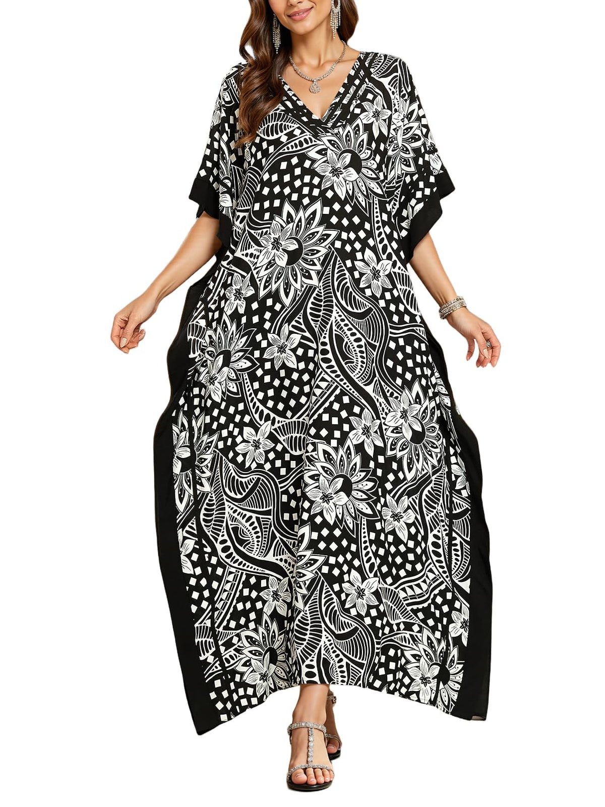 NFVNKJ Plus Size Mumu Dresses for Women - Boho Batwing Sleeve Caftan with Side Slits, Long Moo Moo Nightgown & Beach Cover Up