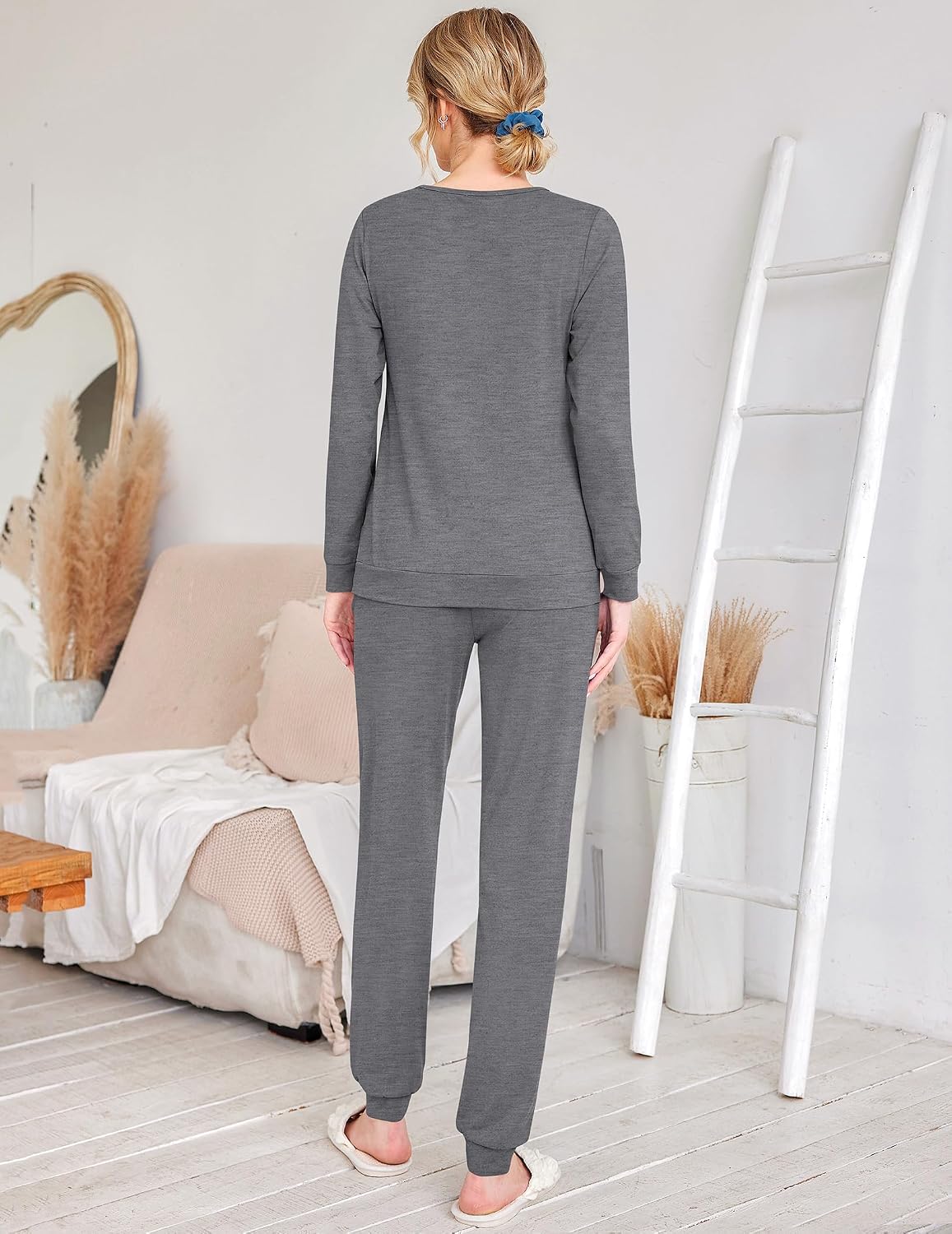 Ekouaer 2 Pack Pajama Sets for Women,Long Sleeve Top Jogger Pant Loungewear