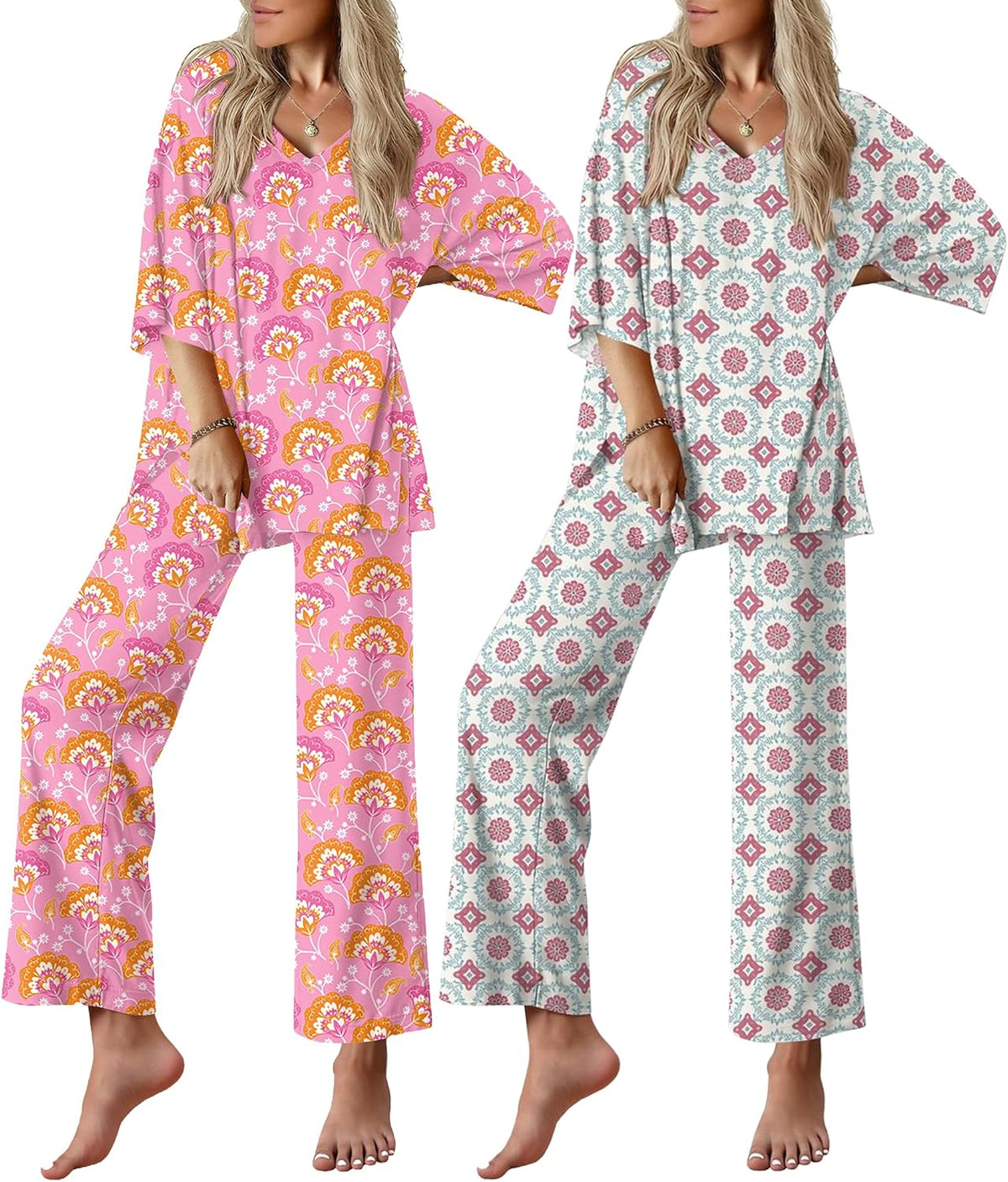 Ekouaer 2 Packs Lounge Set for Women Short Sleeve Pajamas Top and Long Pant