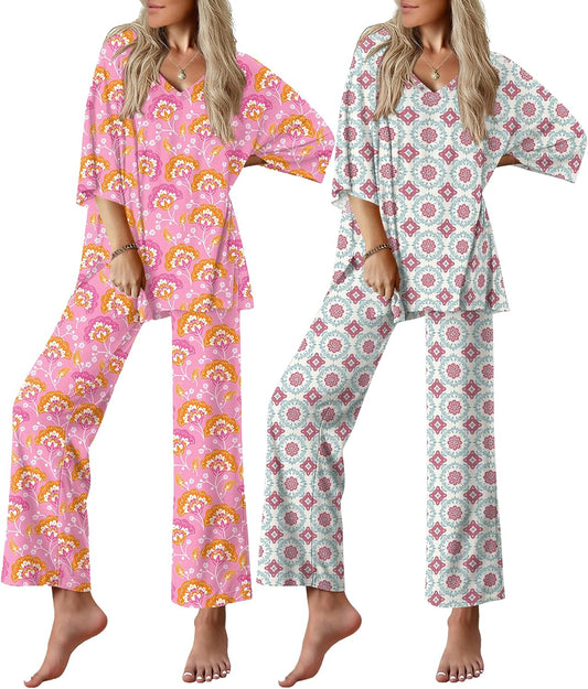 Ekouaer 2 Packs Lounge Set for Women Short Sleeve Pajamas Top and Long Pant