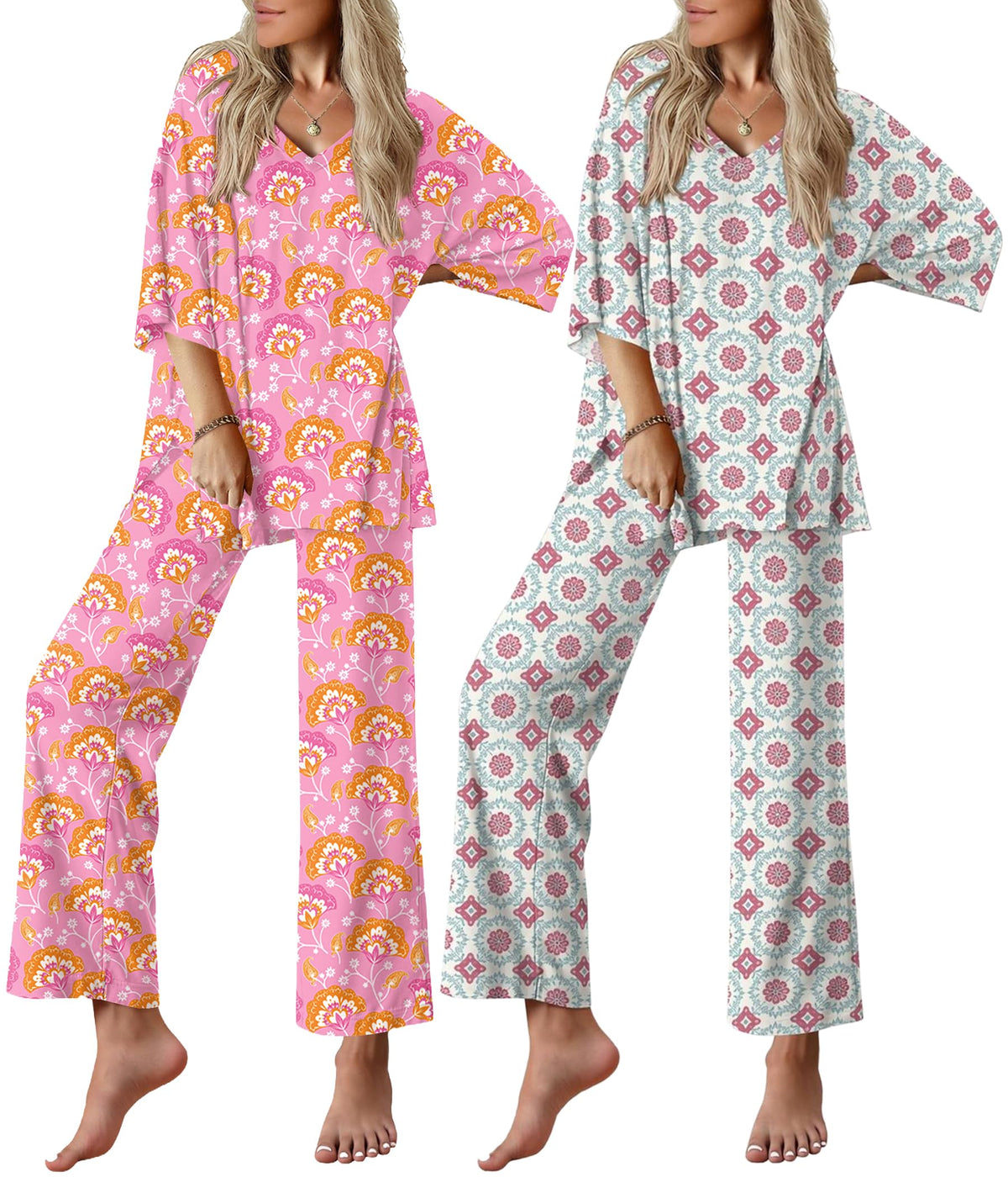 Ekouaer 2 Packs Lounge Set for Women Short Sleeve Pajamas Top and Long Pant