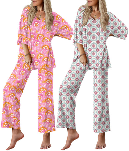 Ekouaer 2 Packs Lounge Set for Women Short Sleeve Pajamas Top and Long Pant