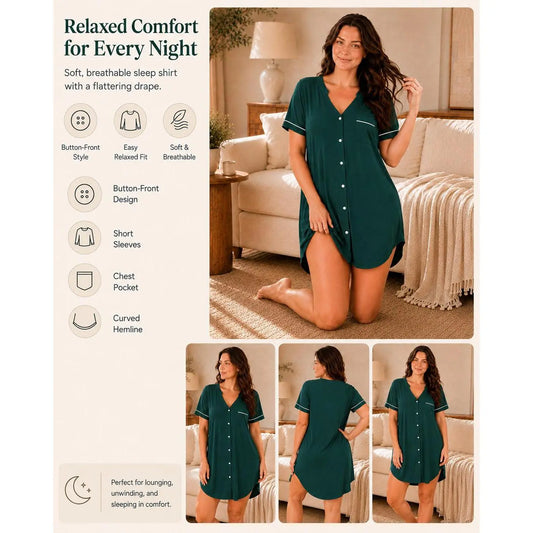 FAIRYFOREST Women's Oversized Button Down Pajama Dress, V Neck Short Sleeve Sleep Shirt Dress with Pocket, Comfortable Loose Fit Nightgown Loungewear Homewear for Plus Size Curvy Women