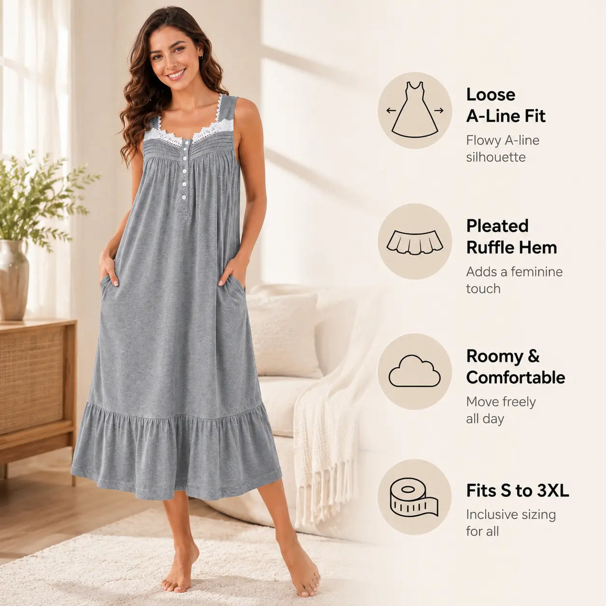 Women's Long Sleeveless Nightgown with Pockets - Soft Plus Size (3XL) Sleep Dress, Bridal Maternity Everyday Lounge Wear, Fabric with Bow Lace Contrast Mesh, V-Neck Stylish Floral Cami Gift, Button, Elegant
