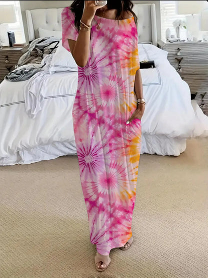 Women's Tie-Dye Butterfly Heart Print Nightgown Sleepwear, Round Neck Loose Fit with Pockets, Comfortable Soft Sleep Dress, Nightwear Loungewear, Nightdress Sleepwear for All Seasons