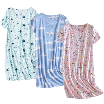 PNAEONG 3 Pack Women's Cotton Nightgown Short Sleeve Shirt Print Sleepdress