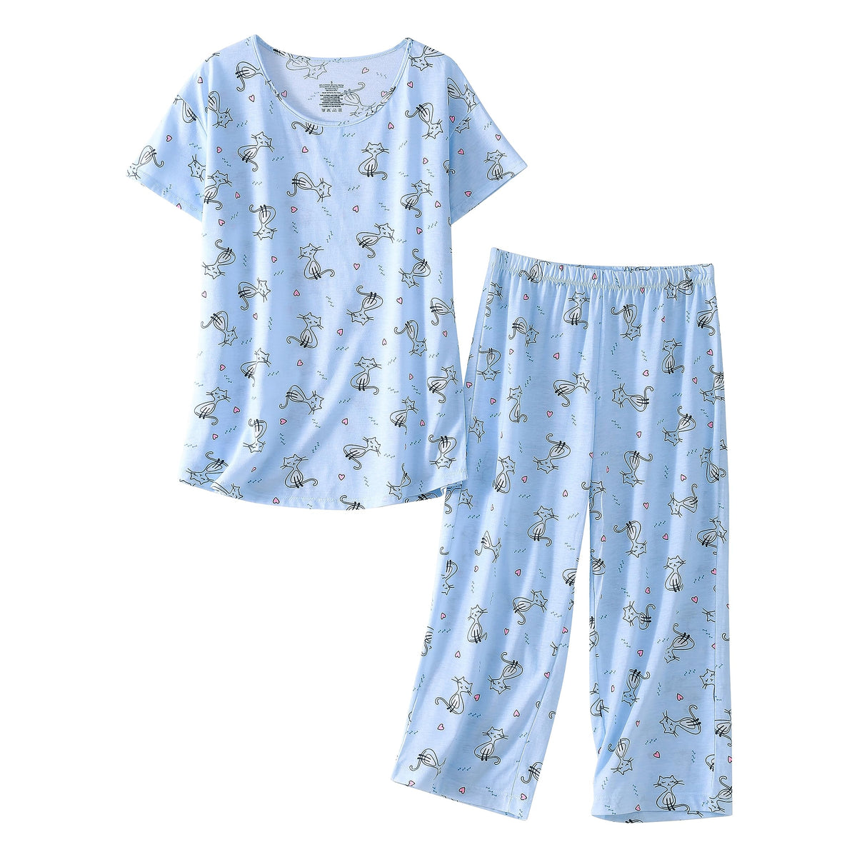 PNAEONG Womens Pajama Set Cotton Short Sleeve Top with Capri Pants Soft Pjs