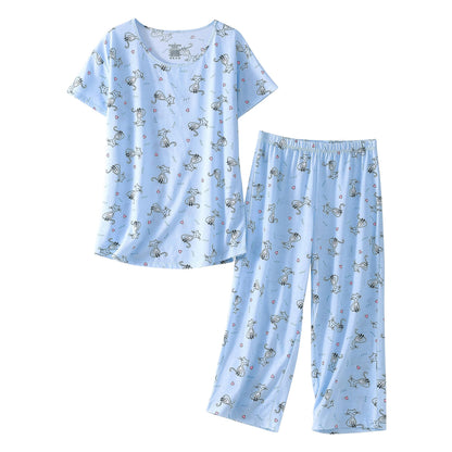 PNAEONG Womens Pajama Set Cotton Short Sleeve Top with Capri Pants Soft Pjs