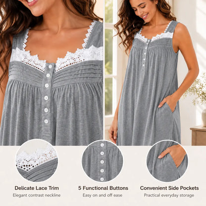 Women's Long Sleeveless Nightgown with Pockets - Soft Plus Size (3XL) Sleep Dress, Bridal Maternity Everyday Lounge Wear, Fabric with Bow Lace Contrast Mesh, V-Neck Stylish Floral Cami Gift, Button, Elegant