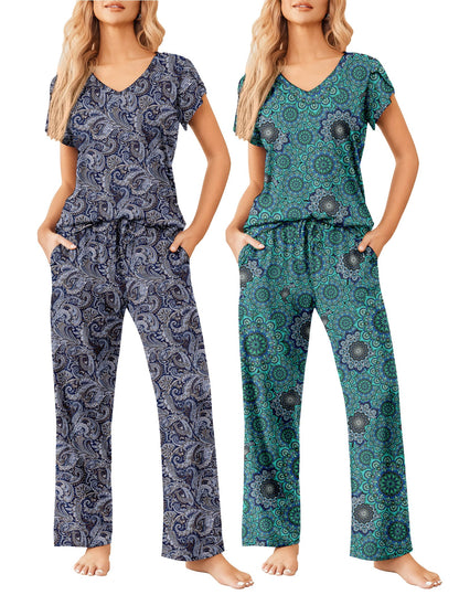 Ekouaer 2 Pack Womens Pajama Set Short Sleeve Sleepwear Soft Pjs Lounge Set