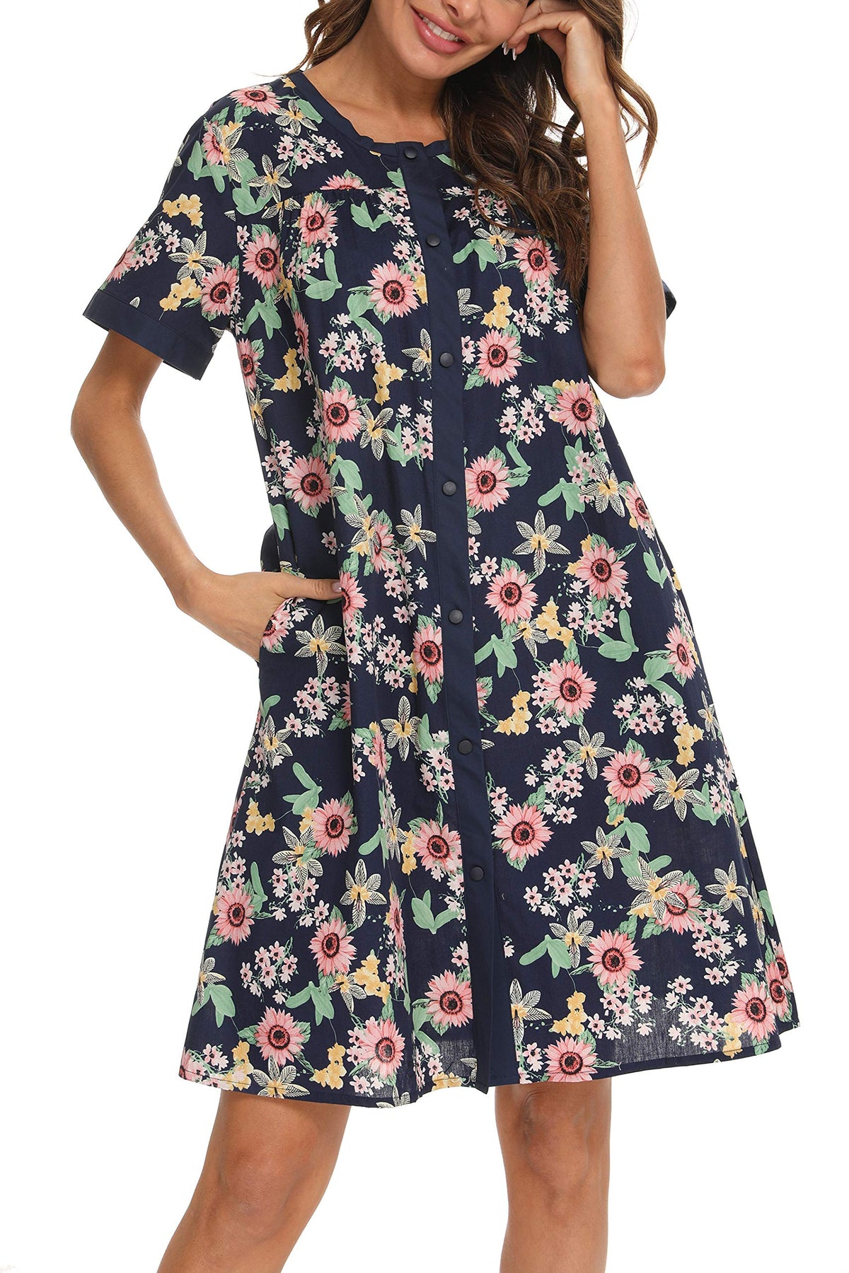 YOZLY House Dress for Women Short Sleeve House Coats Dusters Robe Moomoo nightgowns with Pockets