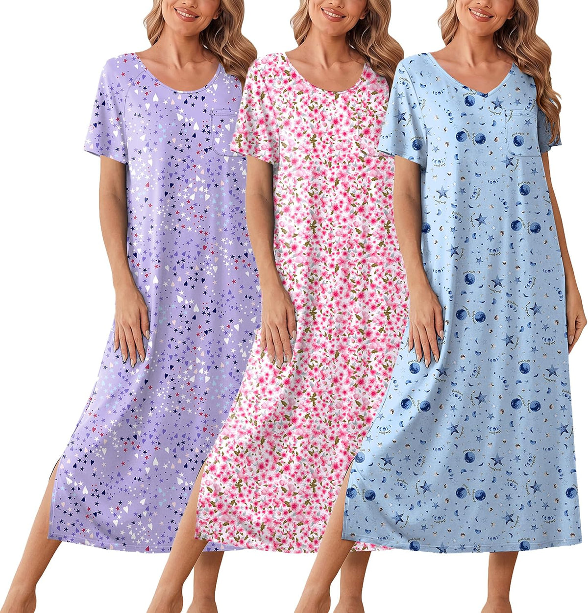 Ekouaer Long Nightgowns for Women 3 Pack Plus Size Short Sleeve House Dress