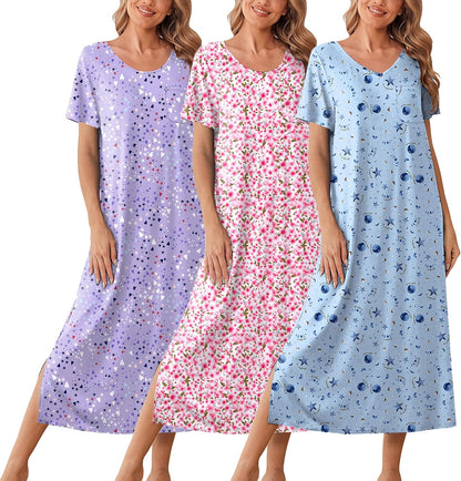 Ekouaer Long Nightgowns for Women 3 Pack Plus Size Short Sleeve House Dress