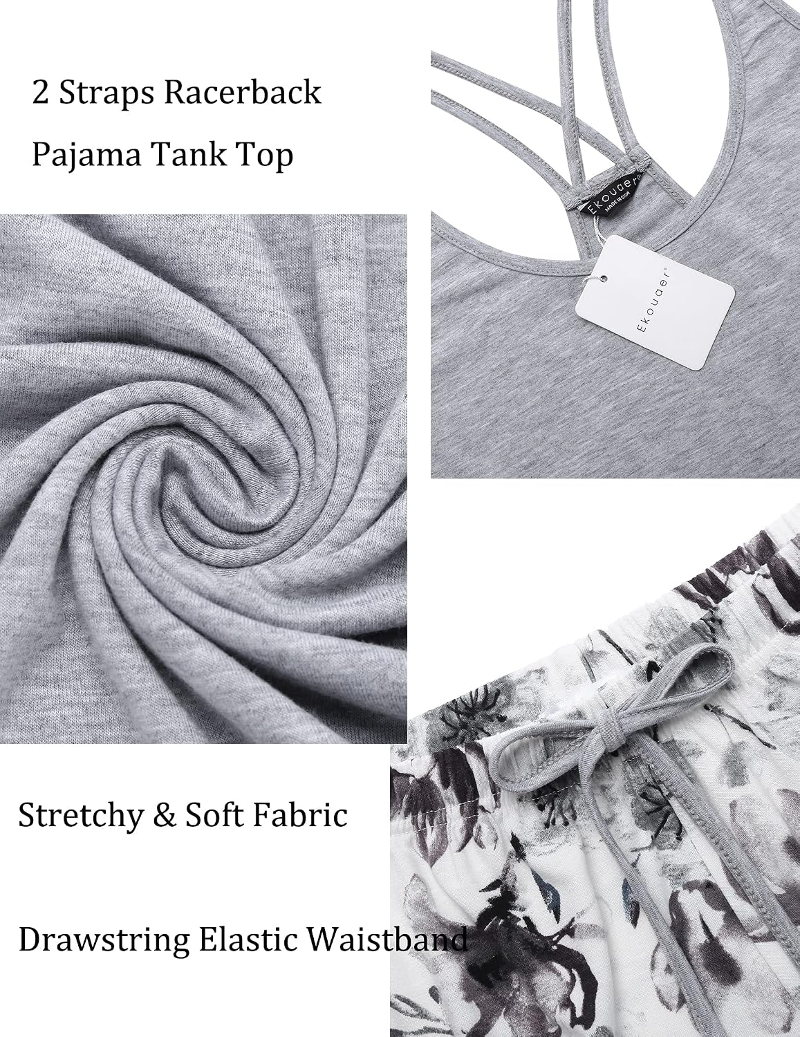 Ekouaer Womens Cami Pajama Set Sleeveless Racerback Tank Top Soft Sleepwear