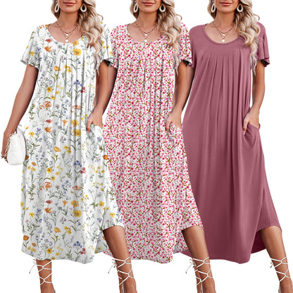 Ekouaer 3 Pack Long Nightgowns for Women House Dress with Pocket Moo Moos