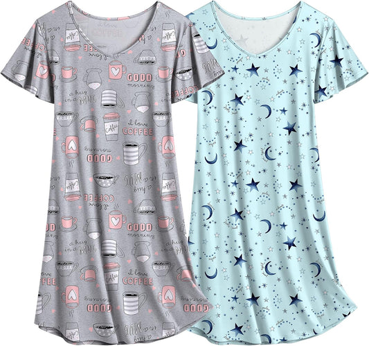 Ekouaer 2 Pack Nightgowns for Women Short Sleeve Nightshirt Soft Sleepdress