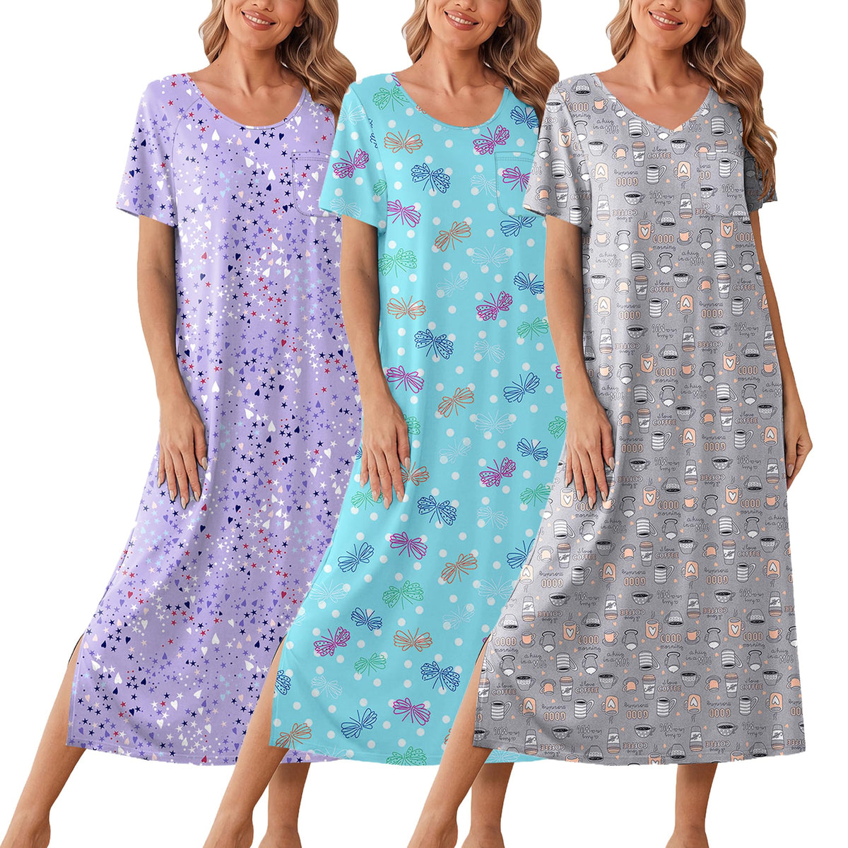 Ekouaer Long Nightgowns for Women 3 Pack Plus Size Short Sleeve House Dress