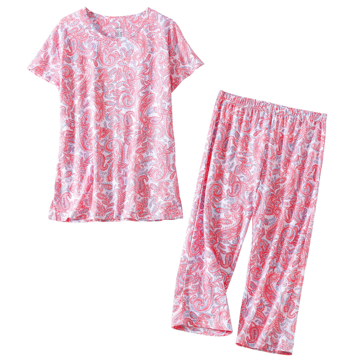 PNAEONG Womens Pajama Set Cotton Short Sleeve Top with Capri Pants Soft Pjs