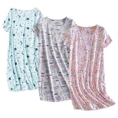 PNAEONG 3 Pack Women's Cotton Nightgown Short Sleeve Shirt Print Sleepdress