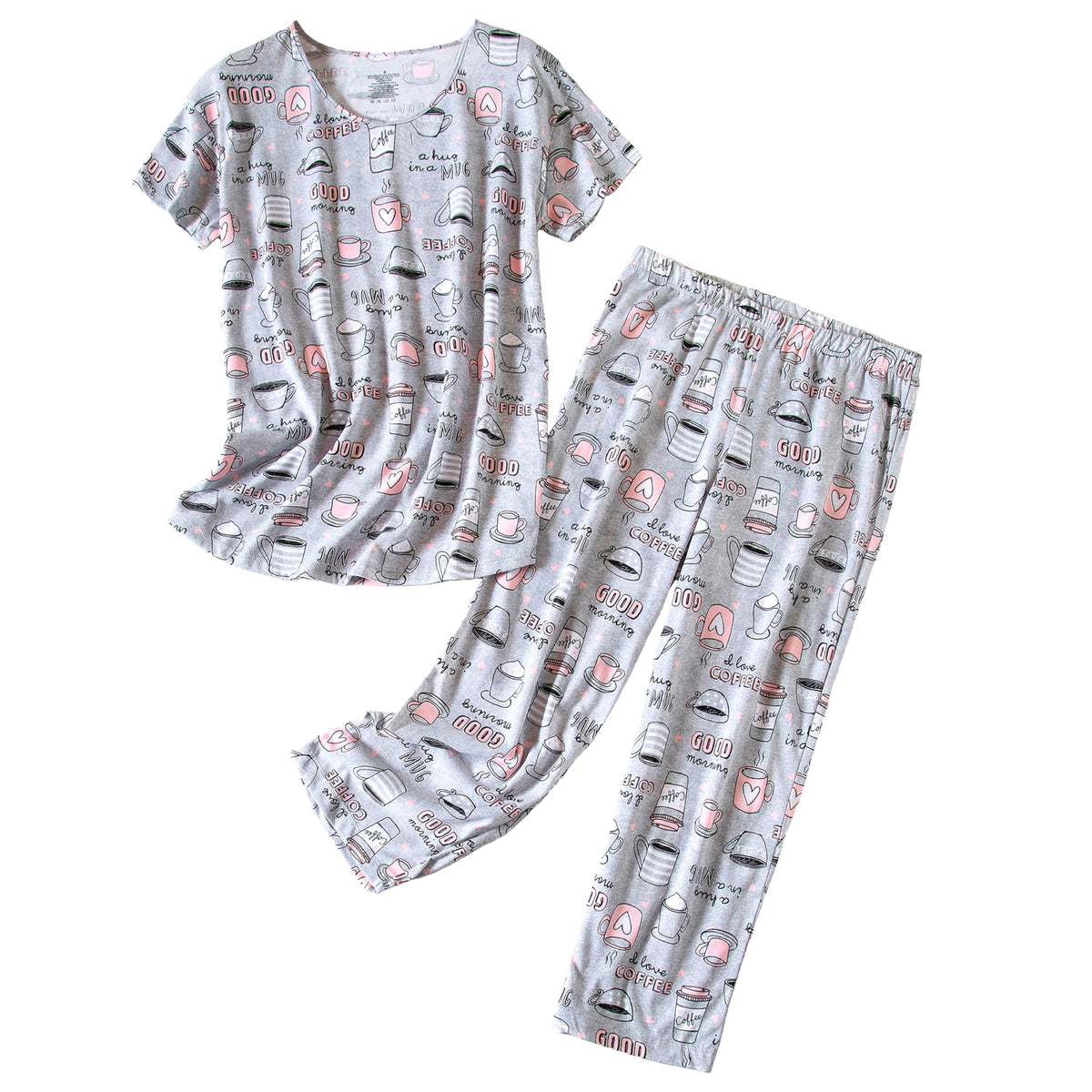 PNAEONG Womens Pajama Set Cotton Short Sleeve Top with Capri Pants Soft Pjs