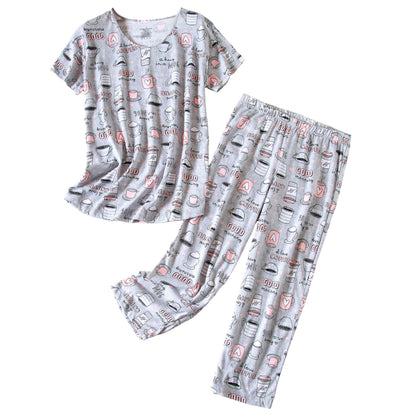 PNAEONG Womens Pajama Set Cotton Short Sleeve Top with Capri Pants Soft Pjs
