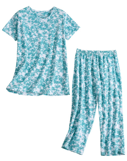 PNAEONG Womens Pajama Set Cotton Short Sleeve Top with Capri Pants Soft Pjs