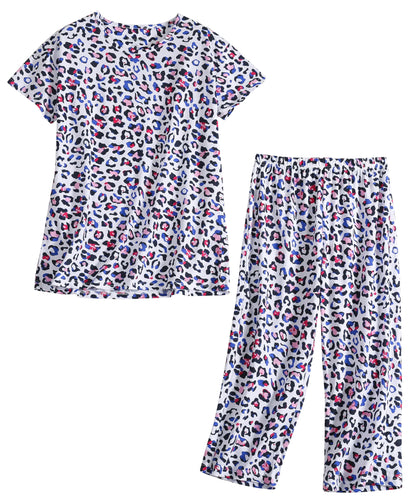 PNAEONG Womens Pajama Set Cotton Short Sleeve Top with Capri Pants Soft Pjs