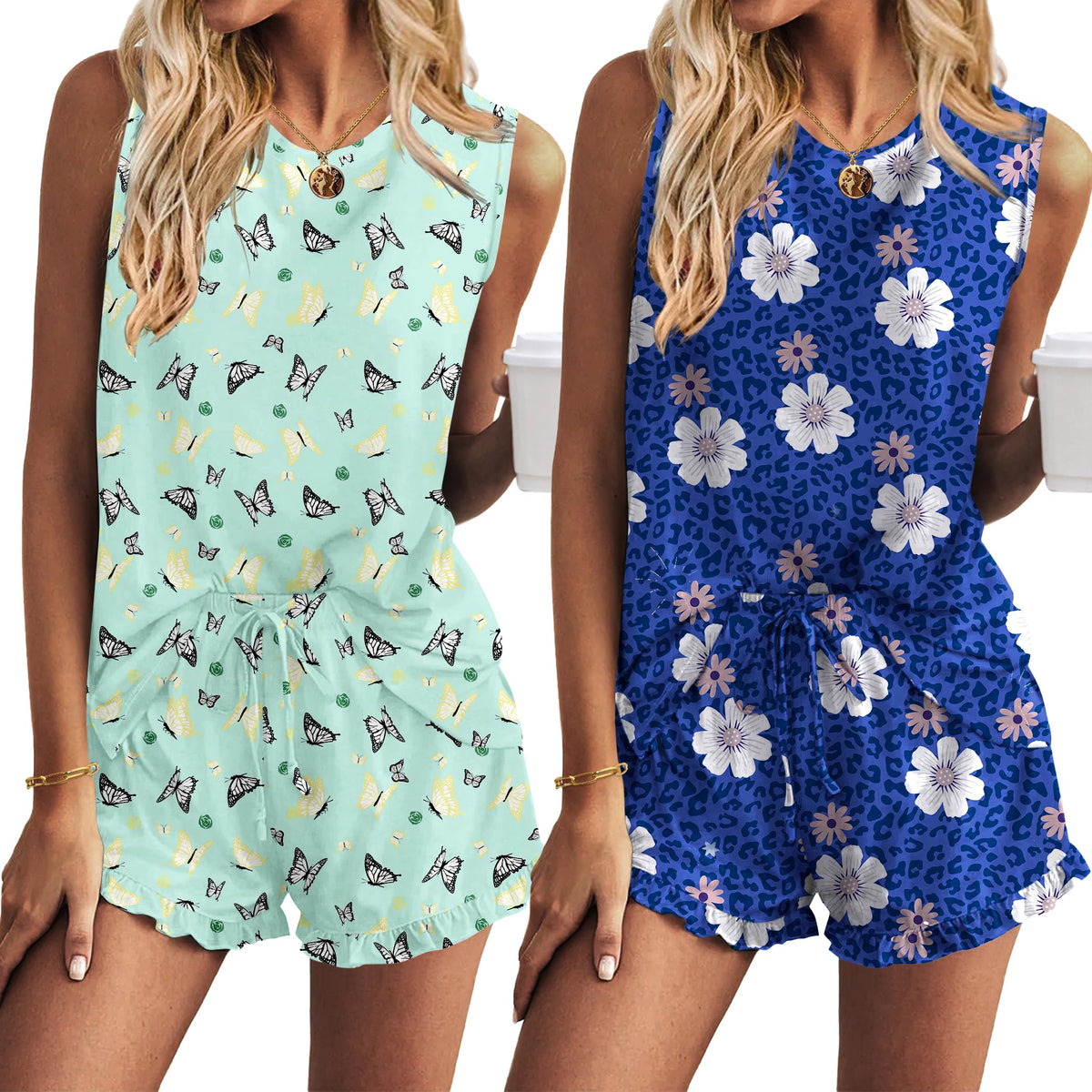 Ekouaer Women Lightweight Summer Pajama Soft Pj Set Sleepwear Tank Top Shorts with Pocket Loungewear Set S-XXL