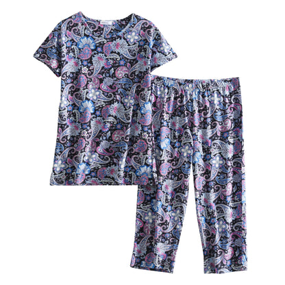 PNAEONG Womens Pajama Set Cotton Short Sleeve Top with Capri Pants Soft Pjs