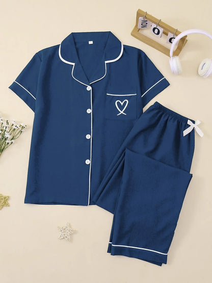 Women's Casual Fitted Sleepwear Set, Soft Fabric Heart Embroidery Pajama Set, Short Sleeves Plain Everyday Home Wear, Loungewear & Nightwear Set, All-Season Pjs, Homewear, Comfy Pajamas