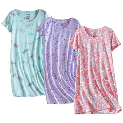 PNAEONG 3 Pack Women's Cotton Nightgown Short Sleeve Shirt Print Sleepdress