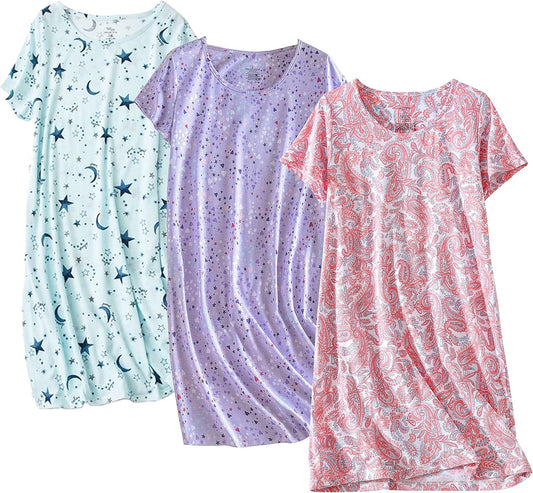 PNAEONG 3 Pack Women's Cotton Nightgown Short Sleeve Shirt Print Sleepdress