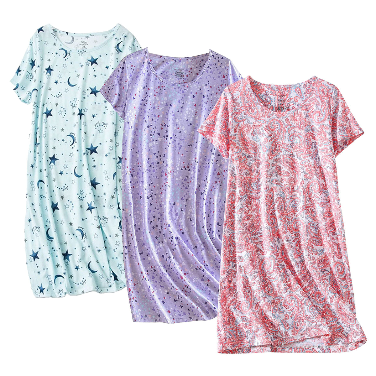 PNAEONG 3 Pack Women's Cotton Nightgown Short Sleeve Shirt Print Sleepdress