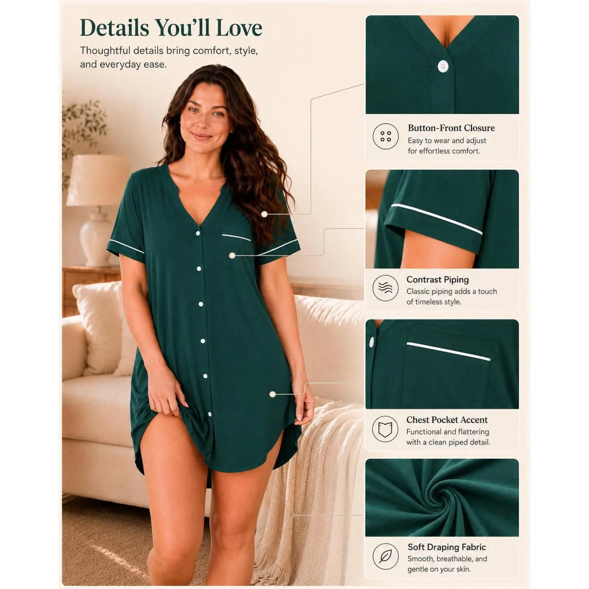 FAIRYFOREST Women's Oversized Button Down Pajama Dress, V Neck Short Sleeve Sleep Shirt Dress with Pocket, Comfortable Loose Fit Nightgown Loungewear Homewear for Plus Size Curvy Women