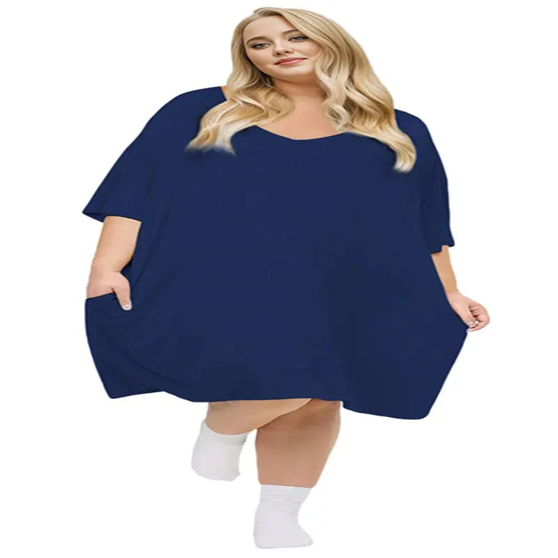 KFUBUO Plus Size Nightgown for Women V-Neck Sleep  Dress Pjs Lounge Short Sleeves Sleepwear With Pocket Fit S-5XL Pajamas Elastic Loungewear Breathable Fabric